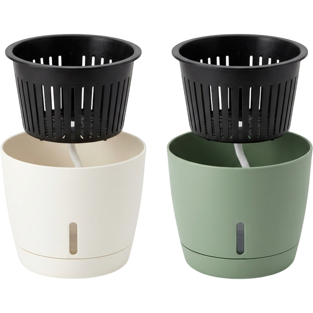 oakd.shop Self-Watering Round Plastic Plastic Vases 20 cm White and Sage Set of 2 - Product view