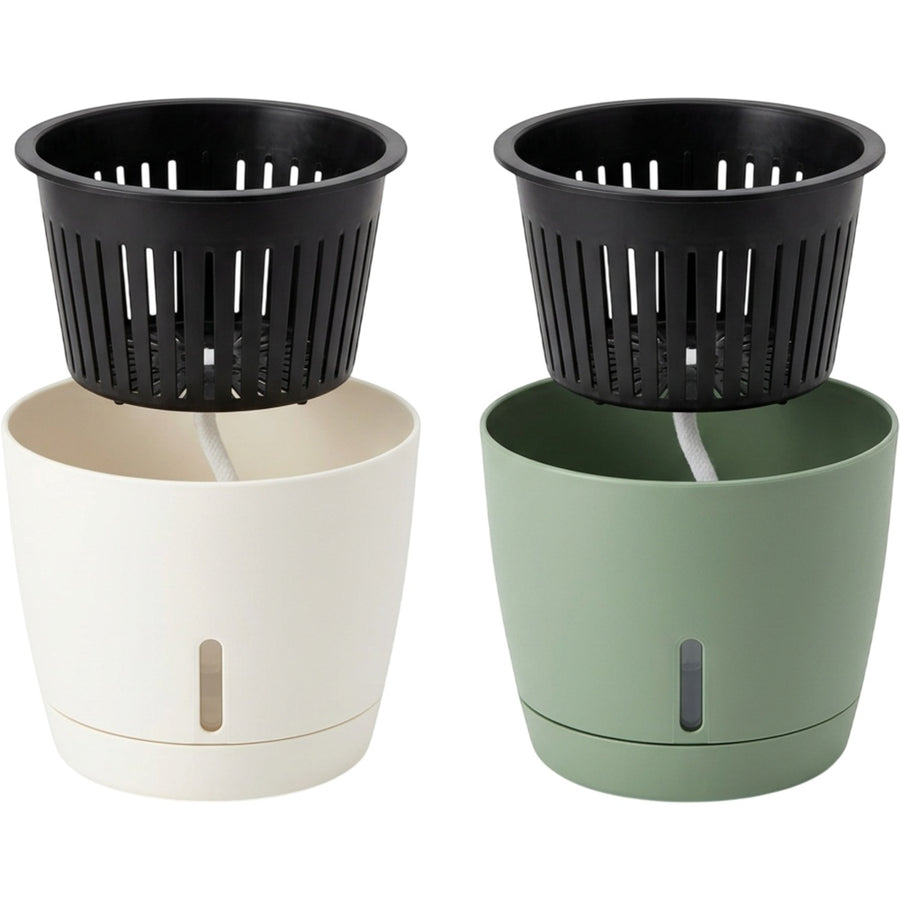 oakd.shop Self-Watering Round Plastic Plastic Vases 20 cm White and Sage Set of 2