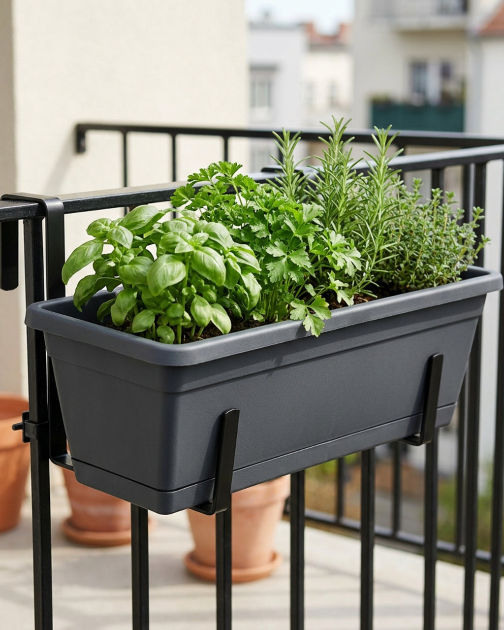 oakd.shop Railing Plastic Plastic Vase 50 cm Charcoal with Adjustable Brackets - Lifestyle view