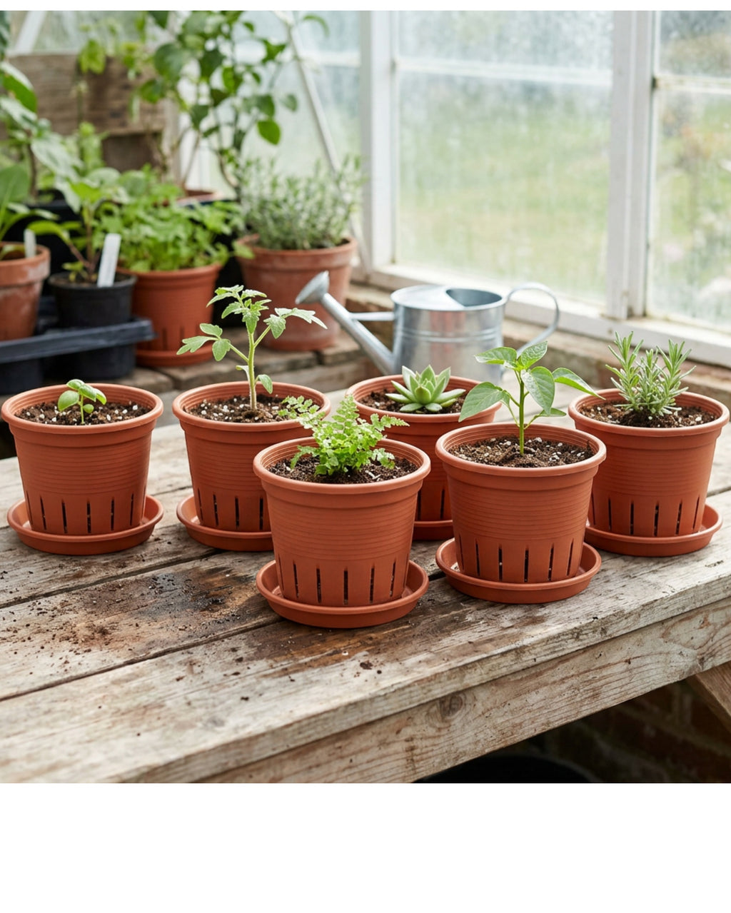 oakd.shop Ventilated Plastic Nursery Pots 15 cm Terracotta Set of 6 - Lifestyle view